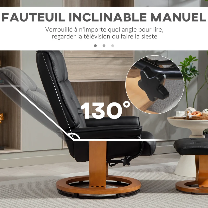 Fauteuil de relaxation inclinable 76 x 85 x 104 cm pivotant 360° dossier haut scandinave en revêtement synthétique noir 21_0003171