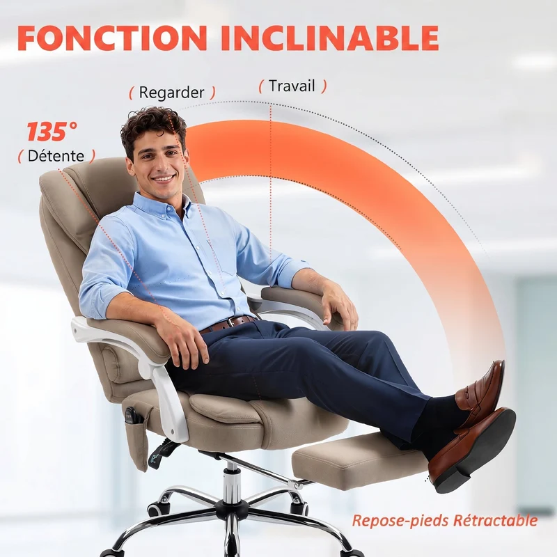 Fauteuil de bureau massant chauffant 65 x 70 x 111-119 cm dossier inclinable assise rembourrée moderne en lin beige 21_0006201
