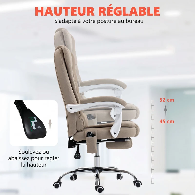 Fauteuil de bureau massant chauffant 65 x 70 x 111-119 cm dossier inclinable assise rembourrée moderne en lin beige 21_0006201