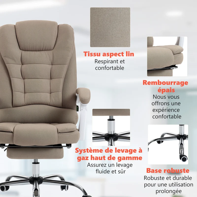 Fauteuil de bureau massant chauffant 65 x 70 x 111-119 cm dossier inclinable assise rembourrée moderne en lin beige 21_0006201