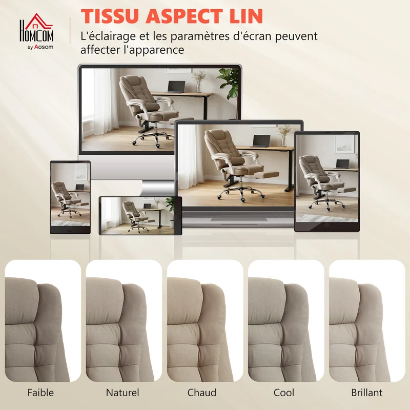Fauteuil de bureau massant chauffant 65 x 70 x 111-119 cm dossier inclinable assise rembourrée moderne en lin beige 21_0006201