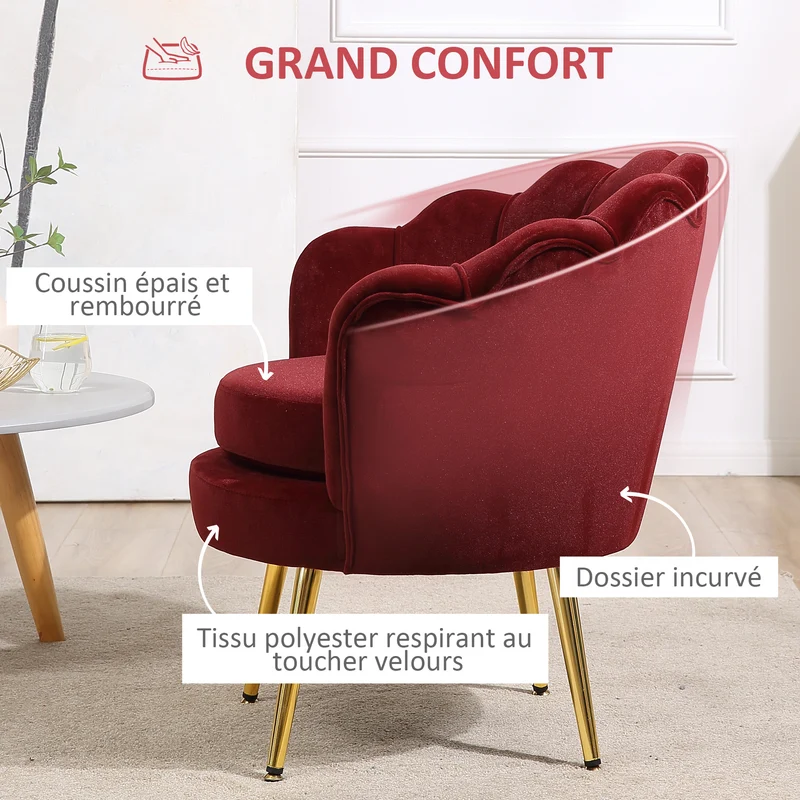 Fauteuil coquillage salon 76 x 67 x 74 cm assise rembourrée confortable élégant tendance contemporain en polyester rouge 21_0003005