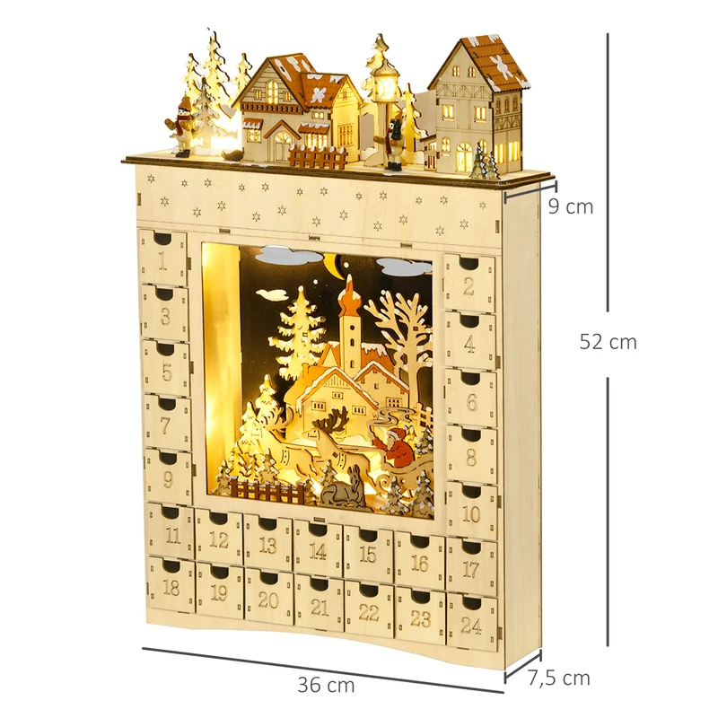 Calendrier de l'avent village enneigé lumineux 36 x 9 x 52 cm 24 tiroirs rangement prémonté scandinave en MDF naturel 21_0001286