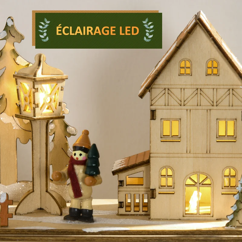 Calendrier de l'avent village enneigé lumineux 36 x 9 x 52 cm 24 tiroirs rangement prémonté scandinave en MDF naturel 21_0001286