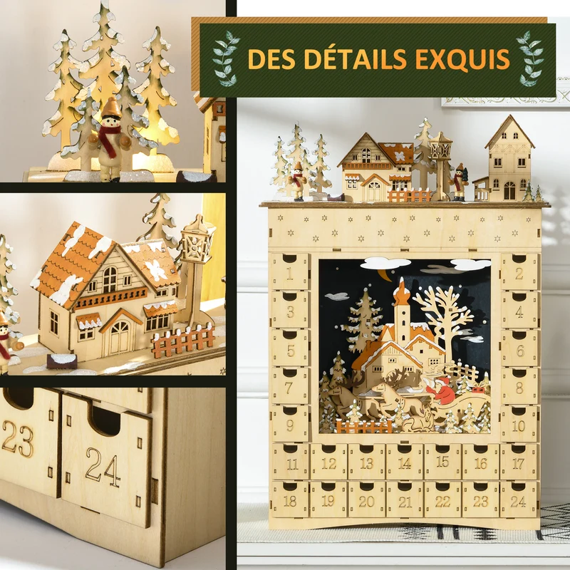 Calendrier de l'avent village enneigé lumineux 36 x 9 x 52 cm 24 tiroirs rangement prémonté scandinave en MDF naturel 21_0001286