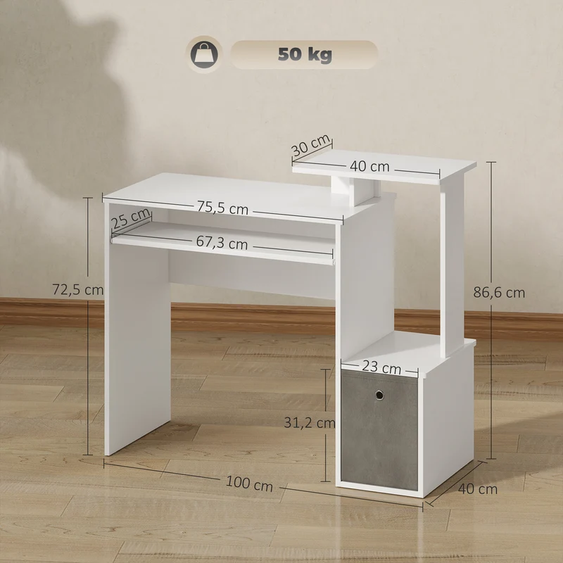 Bureau informatique 100 x 40 x 86,6 cm tablette coulissante rangements moderne épuré en panneau de particules blanc 21_0002443