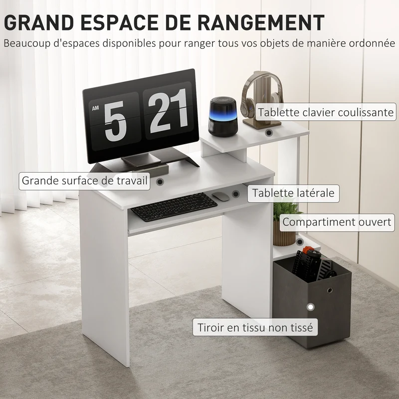 Bureau informatique 100 x 40 x 86,6 cm tablette coulissante rangements moderne épuré en panneau de particules blanc 21_0002443