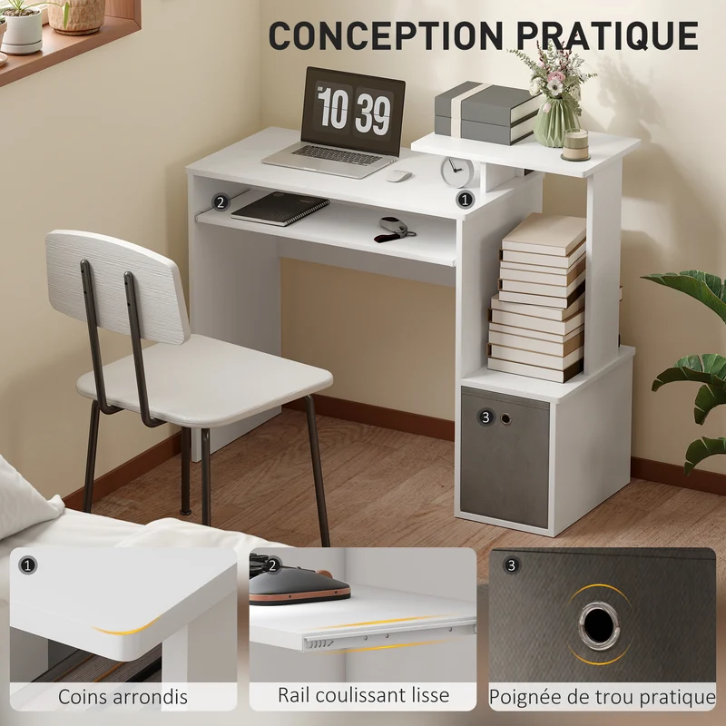 Bureau informatique 100 x 40 x 86,6 cm tablette coulissante rangements moderne épuré en panneau de particules blanc 21_0002443