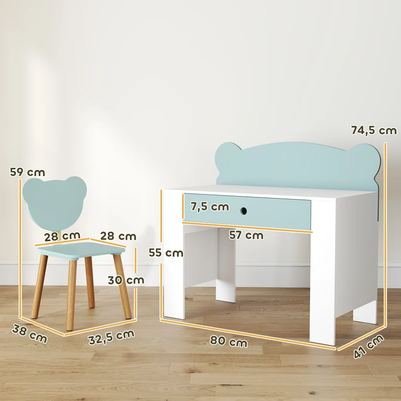 Bureau enfant avec chaise 80 x 41 x 74.5 cm tiroir rangement dossier en forme d'ours ludique scandinave en MDF vert 21_0000224