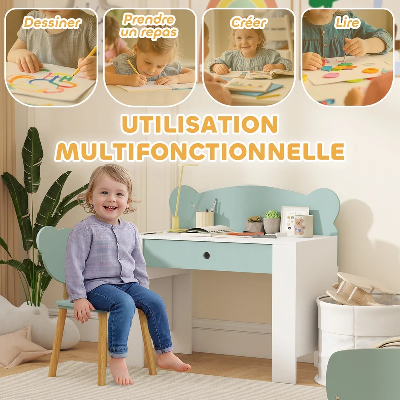 Bureau enfant avec chaise 80 x 41 x 74.5 cm tiroir rangement dossier en forme d'ours ludique scandinave en MDF vert 21_0000224