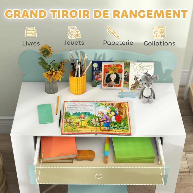 Bureau enfant avec chaise 80 x 41 x 74.5 cm tiroir rangement dossier en forme d'ours ludique scandinave en MDF vert 21_0000224