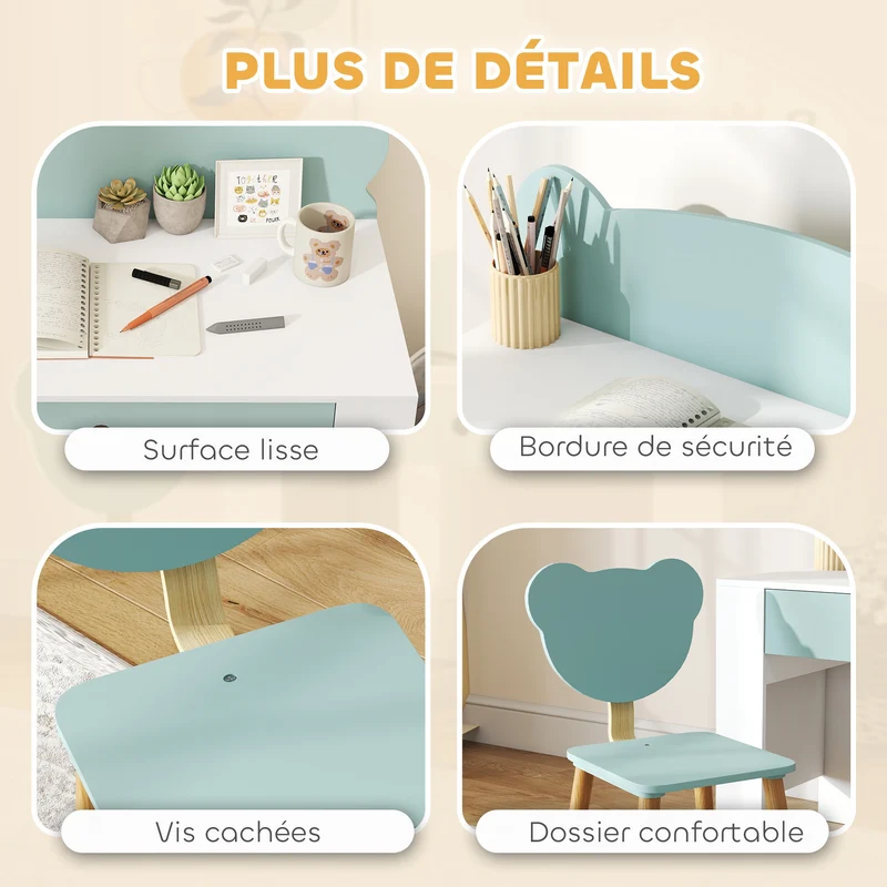 Bureau enfant avec chaise 80 x 41 x 74.5 cm tiroir rangement dossier en forme d'ours ludique scandinave en MDF vert 21_0000224
