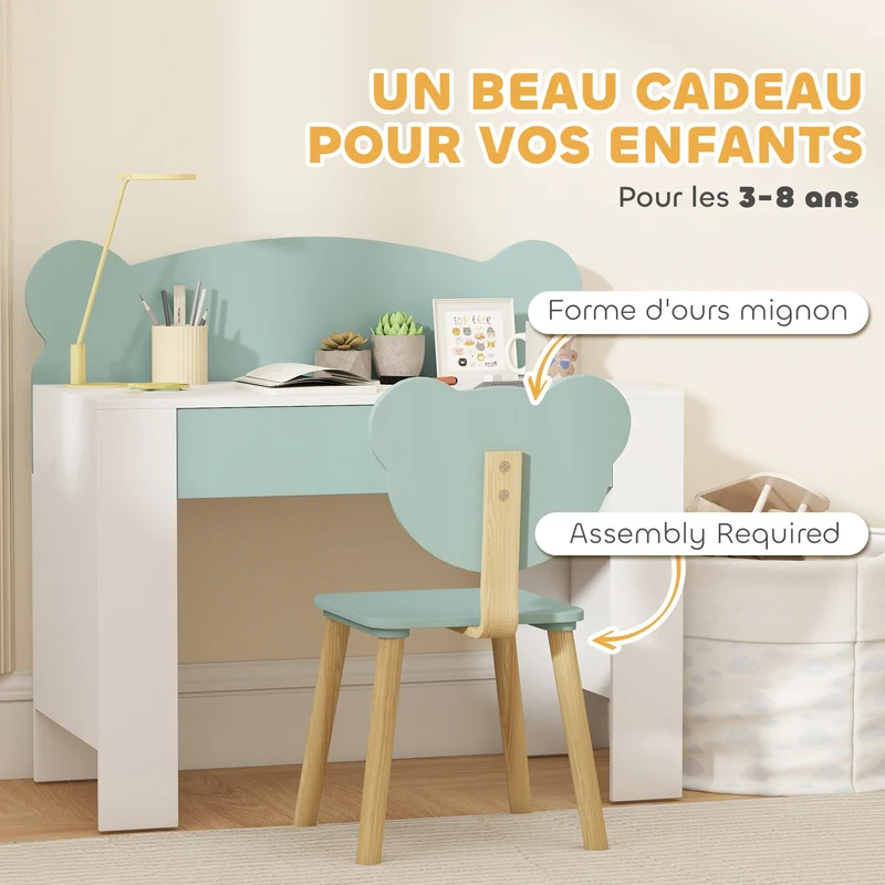Bureau enfant avec chaise 80 x 41 x 74.5 cm tiroir rangement dossier en forme d'ours ludique scandinave en MDF vert 21_0000224