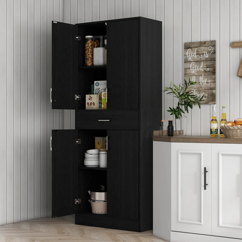 Buffet haut armoire de cuisine 70,8 x 34 x 180 cm rangement optimisé étagères réglables style contemporain en MDF noir 21_0003206