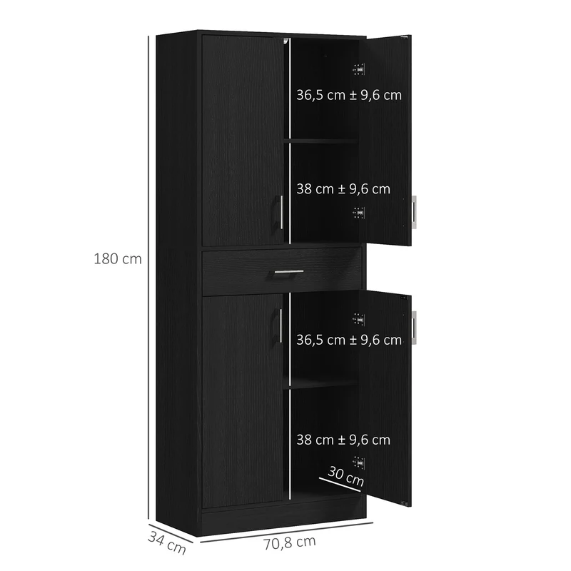 Buffet haut armoire de cuisine 70,8 x 34 x 180 cm rangement optimisé étagères réglables style contemporain en MDF noir 21_0003206