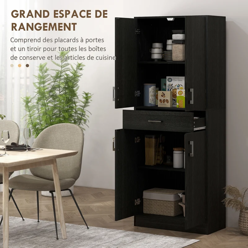 Buffet haut armoire de cuisine 70,8 x 34 x 180 cm rangement optimisé étagères réglables style contemporain en MDF noir 21_0003206