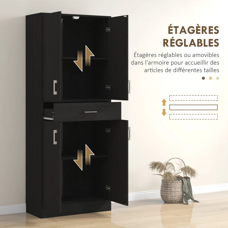 Buffet haut armoire de cuisine 70,8 x 34 x 180 cm rangement optimisé étagères réglables style contemporain en MDF noir 21_0003206