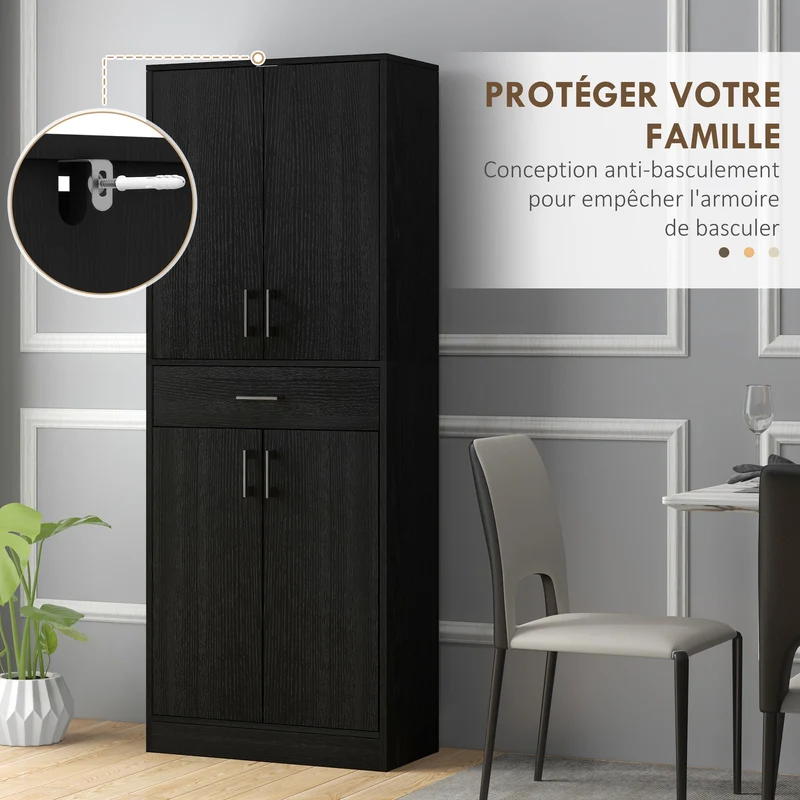 Buffet haut armoire de cuisine 70,8 x 34 x 180 cm rangement optimisé étagères réglables style contemporain en MDF noir 21_0003206