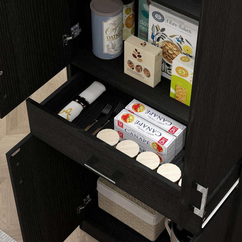 Buffet haut armoire de cuisine 70,8 x 34 x 180 cm rangement optimisé étagères réglables style contemporain en MDF noir 21_0003206