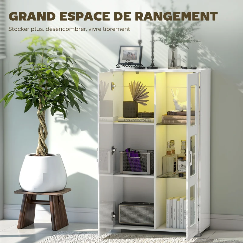 Buffet de rangement salon 71 x 35 x 126 cm éclairage led multicolore rangement modulable moderne design en MDF blanc 21_0002972