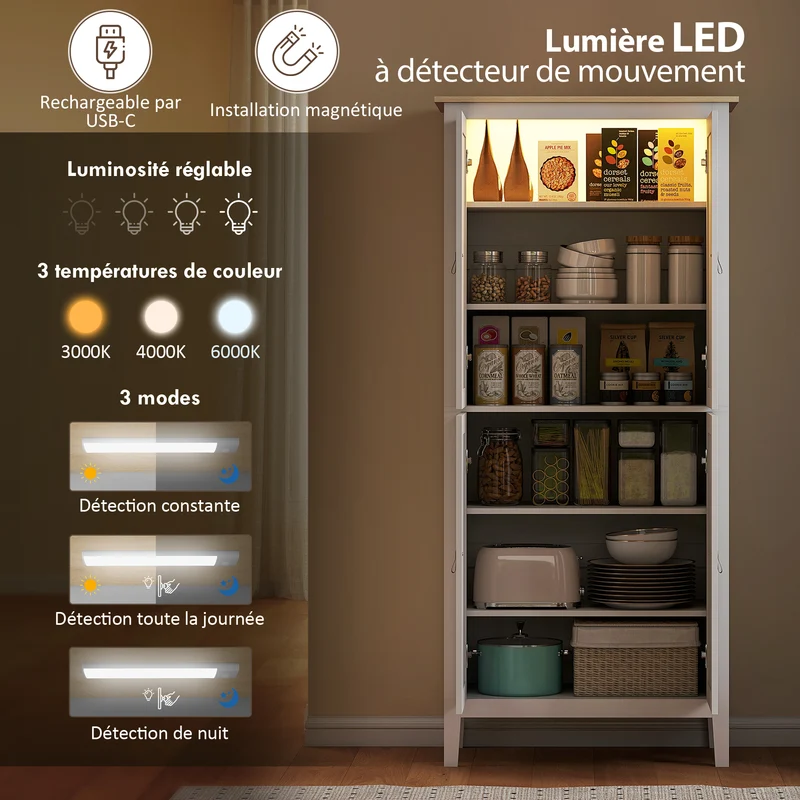 Buffet de cuisine haut 80 x 40 x 176,5 cm éclairage led détecteur modulable style moderne épuré sécurisé en MDF blanc 21_0002975