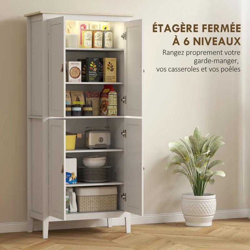 Buffet de cuisine haut 80 x 40 x 176,5 cm éclairage led détecteur modulable style moderne épuré sécurisé en MDF blanc 21_0002975