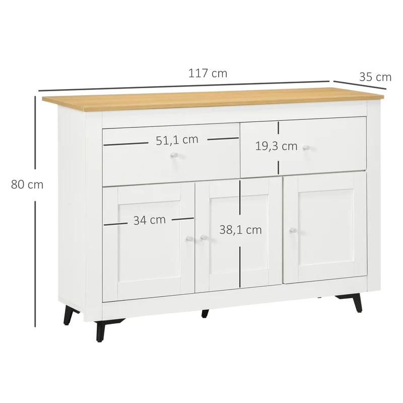 Buffet bas 117 x 35 x 80 cm 2 tiroirs 3 portes étagère réglable pour salon moderne épuré en panneau de particules blanc 21_0002342