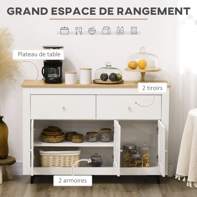 Buffet bas 117 x 35 x 80 cm 2 tiroirs 3 portes étagère réglable pour salon moderne épuré en panneau de particules blanc 21_0002342
