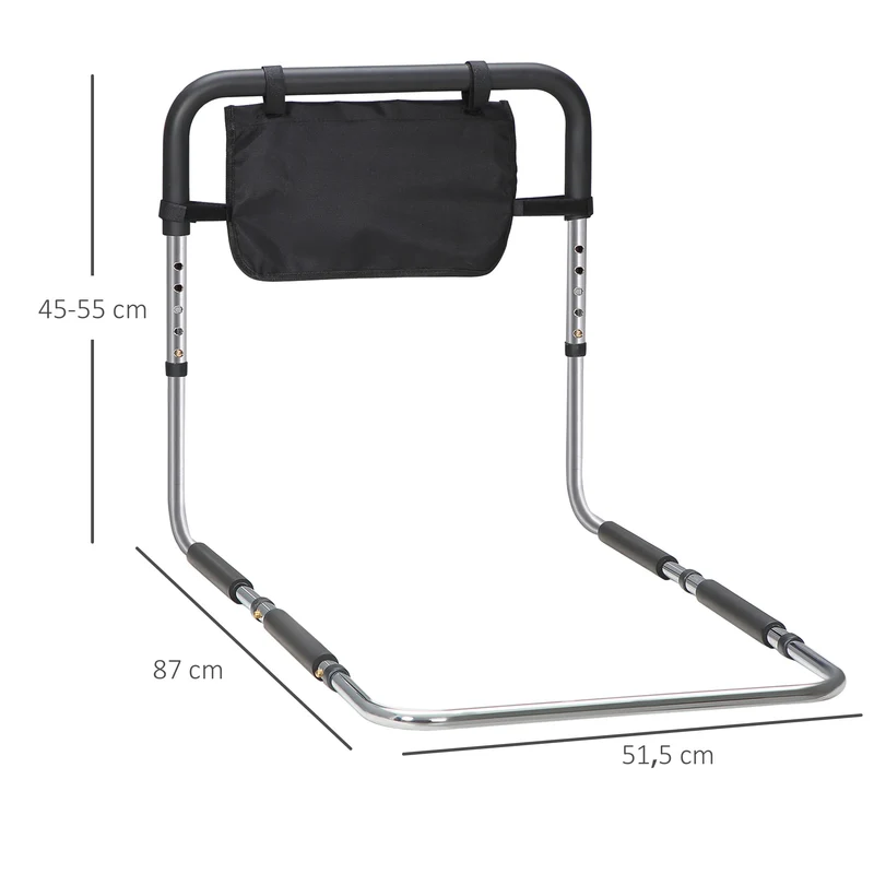 Barrière de lit poignée réglable 87 x 51.5 x 45-55 cm soutien antidérapant pochette pratique moderne en acier argent 21_0000891