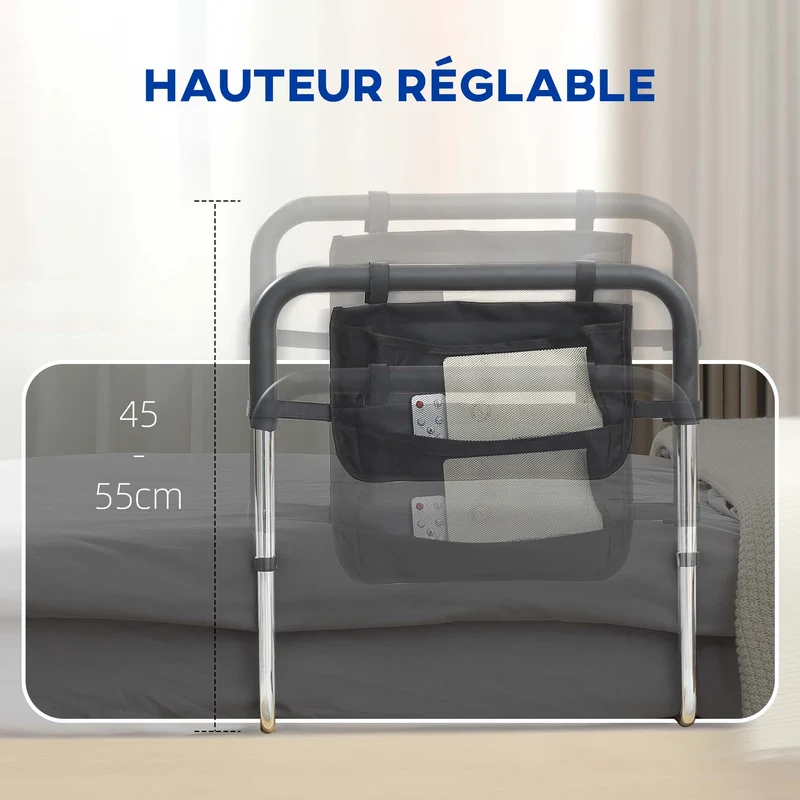 Barrière de lit poignée réglable 87 x 51.5 x 45-55 cm soutien antidérapant pochette pratique moderne en acier argent 21_0000891