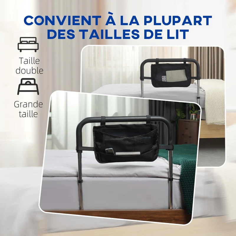 Barrière de lit poignée réglable 87 x 51.5 x 45-55 cm soutien antidérapant pochette pratique moderne en acier argent 21_0000891