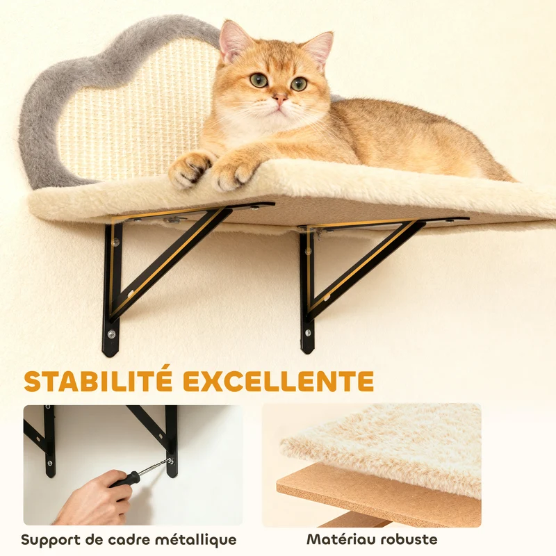 Étagère murale pour chat modulable 151 x 30 x 30 cm multi niveaux griffoir intégré moderne scandinave en bois beige 21_0007734