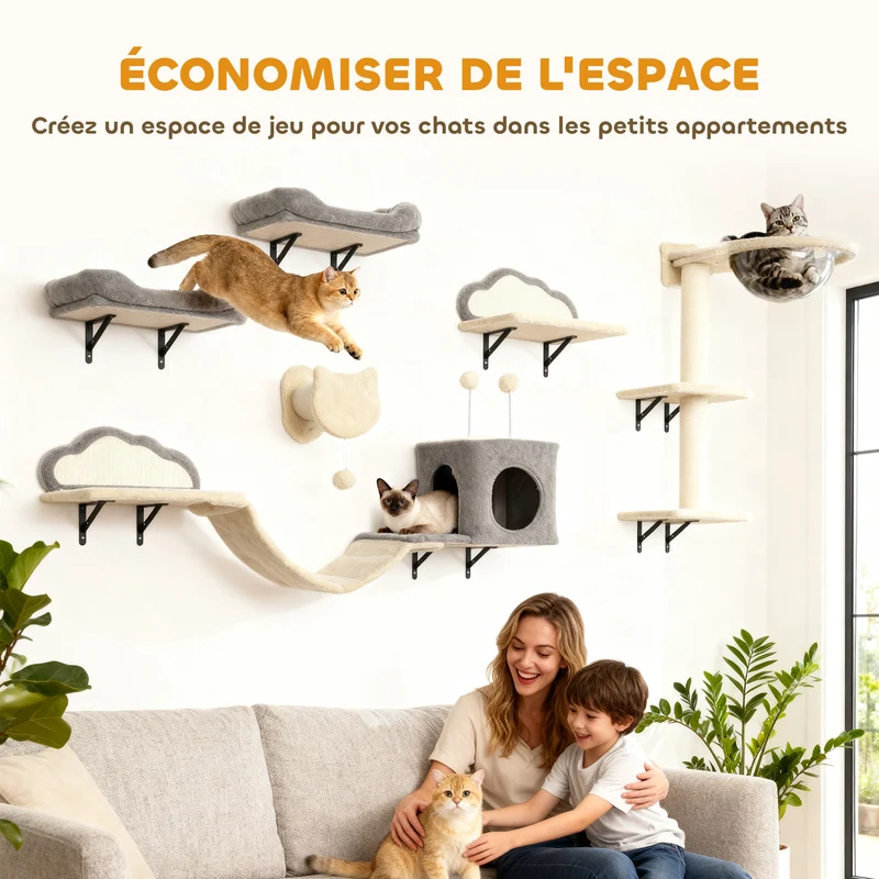 Étagère murale pour chat modulable 151 x 30 x 30 cm multi niveaux griffoir intégré moderne scandinave en bois beige 21_0007734