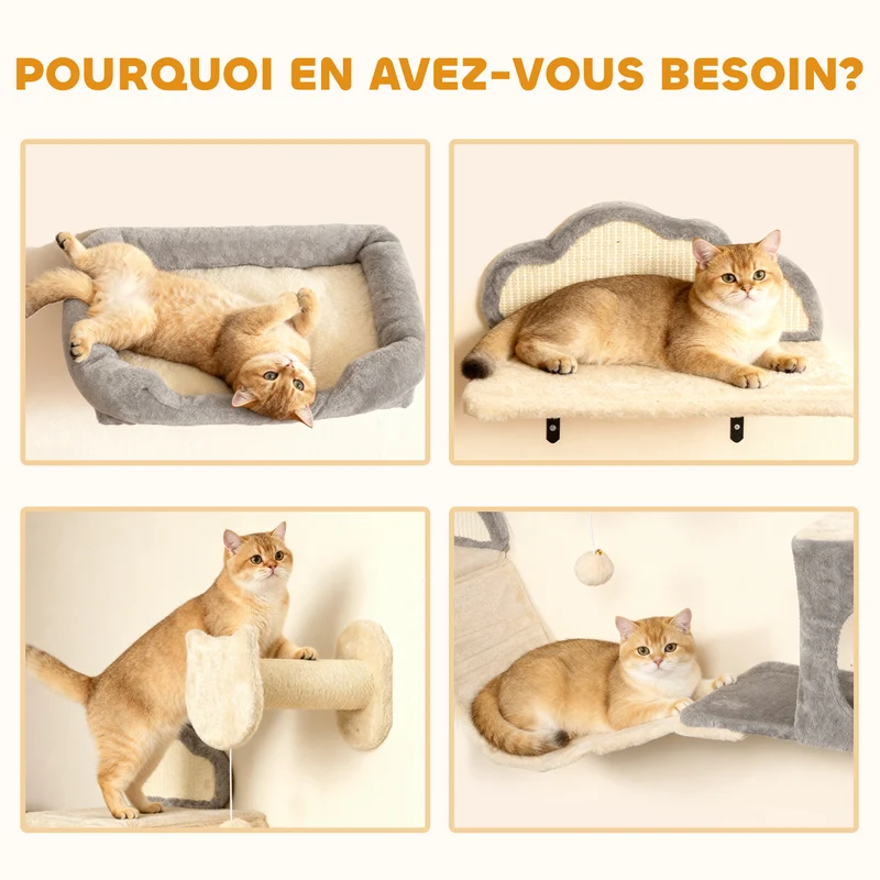 Étagère murale pour chat modulable 151 x 30 x 30 cm multi niveaux griffoir intégré moderne scandinave en bois beige 21_0007734