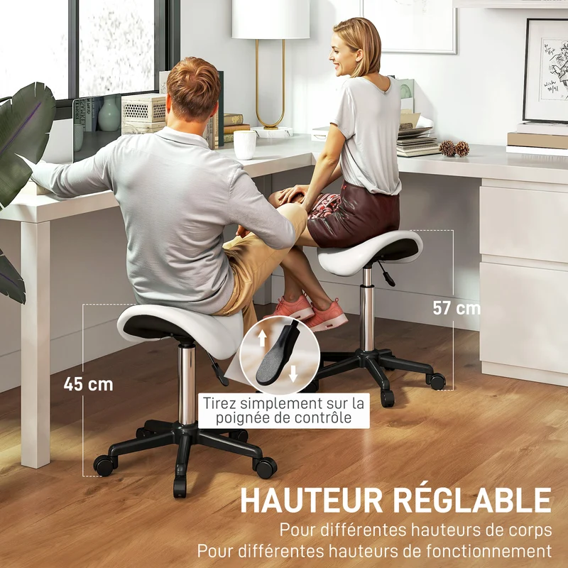 Tabouret selle ergonomique usage pro domicile 48 x 47 x 45-57 cm réglable confortable contemporain en polyuréthane blanc 21_0000779