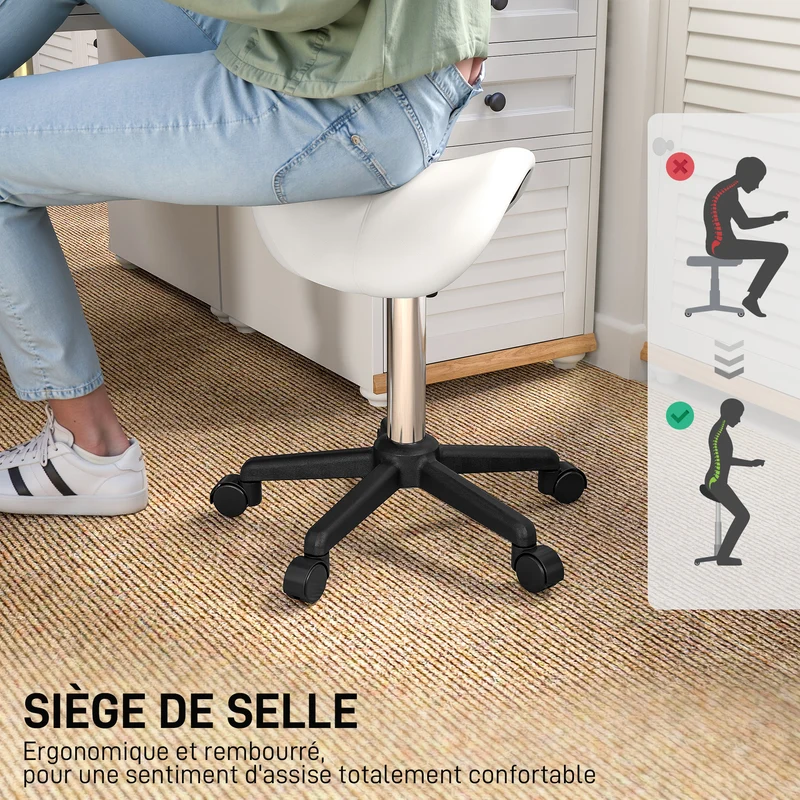 Tabouret selle ergonomique usage pro domicile 48 x 47 x 45-57 cm réglable confortable contemporain en polyuréthane blanc 21_0000779