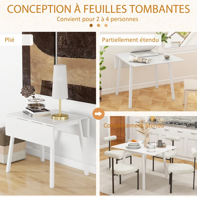 Table à manger pliante compacte 110 x 86 x 75 cm convertible gain de place 2 à 4 personnes scandinave épuré en bois blanc 21_0003231
