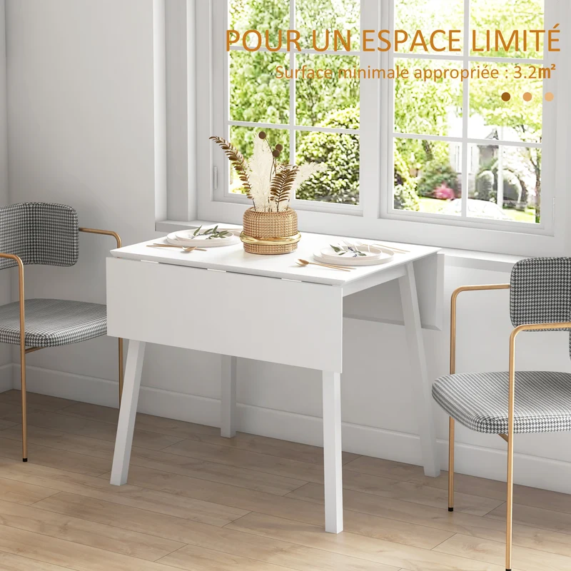 Table à manger pliante compacte 110 x 86 x 75 cm convertible gain de place 2 à 4 personnes scandinave épuré en bois blanc 21_0003231