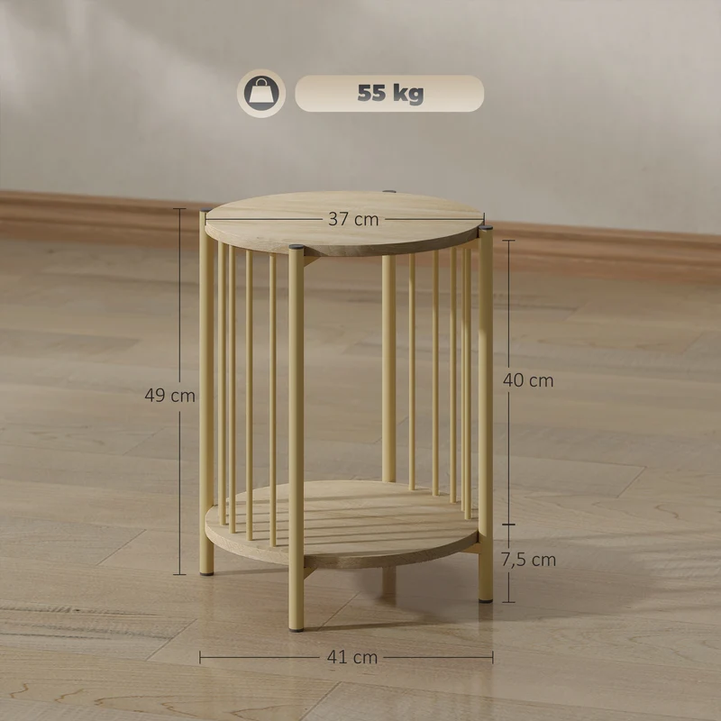 Table d'appoint ronde bout de canapé 41 x 49 cm double étagère gain de place moderne scandinave en MDF bois naturel 21_0003543
