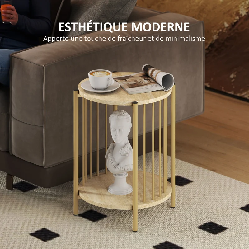 Table d'appoint ronde bout de canapé 41 x 49 cm double étagère gain de place moderne scandinave en MDF bois naturel 21_0003543