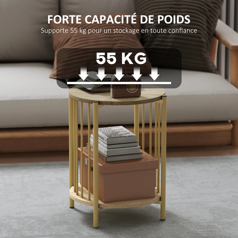 Table d'appoint ronde bout de canapé 41 x 49 cm double étagère gain de place moderne scandinave en MDF bois naturel 21_0003543
