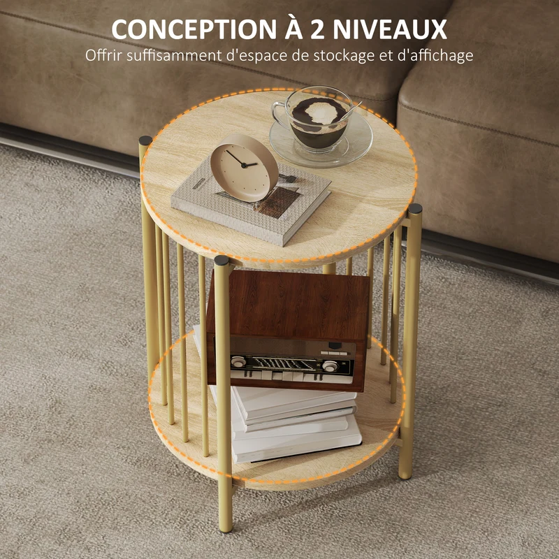 Table d'appoint ronde bout de canapé 41 x 49 cm double étagère gain de place moderne scandinave en MDF bois naturel 21_0003543