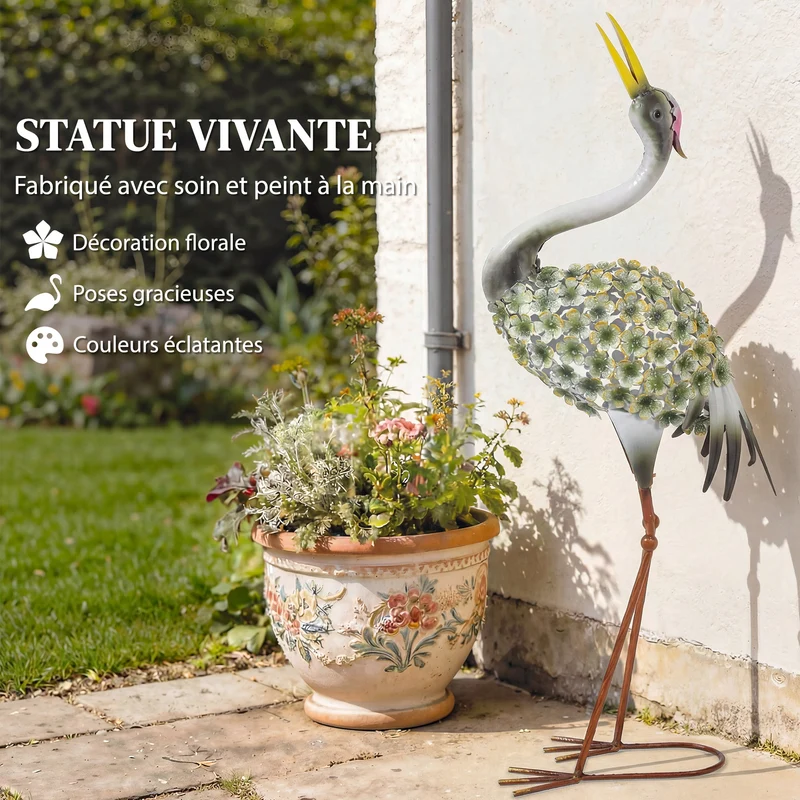 Statue de jardin héron 26 x 17 x 71 cm résistante aux intempéries stable style décoratif contemporain en métal vert 21_0005695