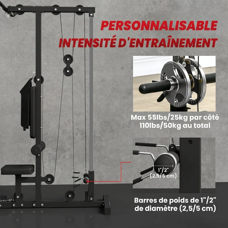 Station de musculation tirage poitrine poulie haute 140 x 108 x 197 cm siège réglable antidérapant moderne en acier noir 21_0006821