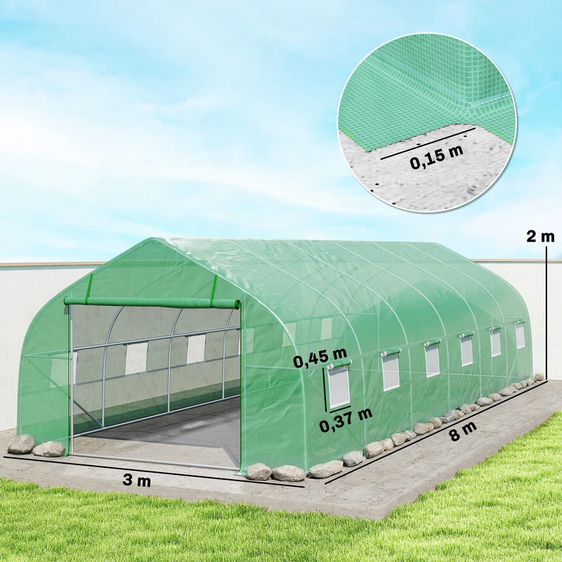 Serre tunnel jardin 8 x 3 x 2 m protection quatre saisons ventilation optimale cadre renforcé contemporain en pe vert 21_0004023