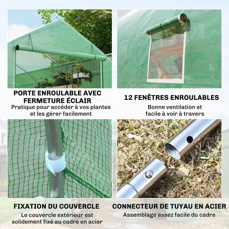 Serre tunnel jardin 8 x 3 x 2 m protection quatre saisons ventilation optimale cadre renforcé contemporain en pe vert 21_0004023