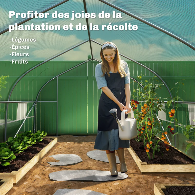 Serre tunnel jardin 8 x 3 x 2 m protection quatre saisons ventilation optimale cadre renforcé contemporain en pe vert 21_0004023