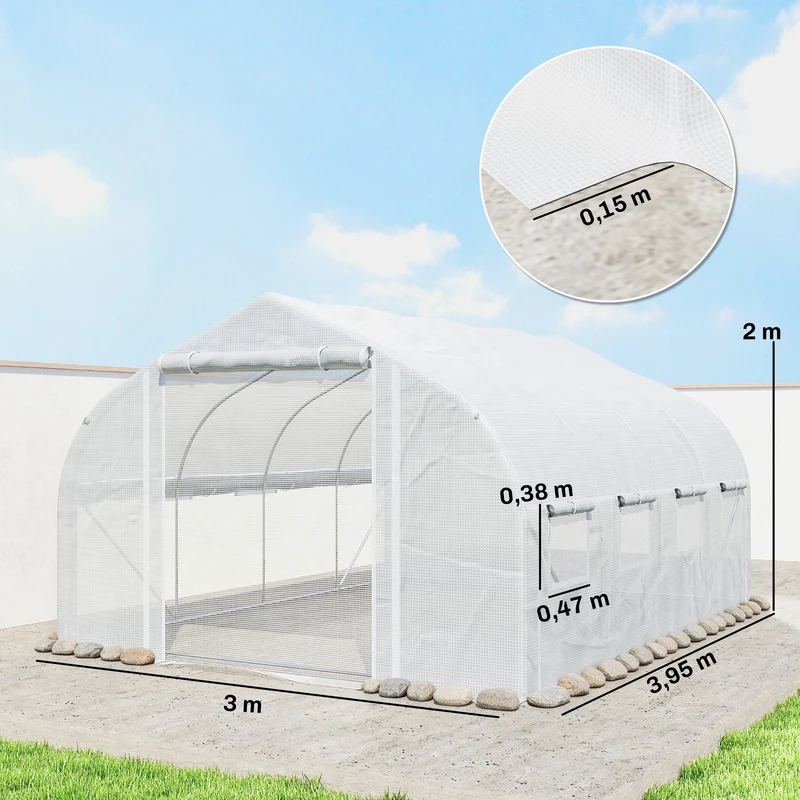 Serre tunnel de jardin 395 x 300 x 200 cm abri contre intempéries ventilation porte et 8 fenêtres épuré en pe blanc 21_0004333