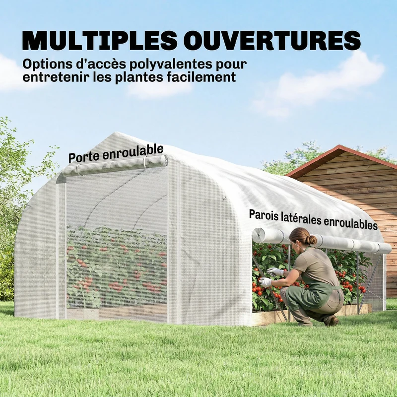 Serre tunnel de jardin 395 x 300 x 200 cm abri contre intempéries ventilation porte et 8 fenêtres épuré en pe blanc 21_0004333