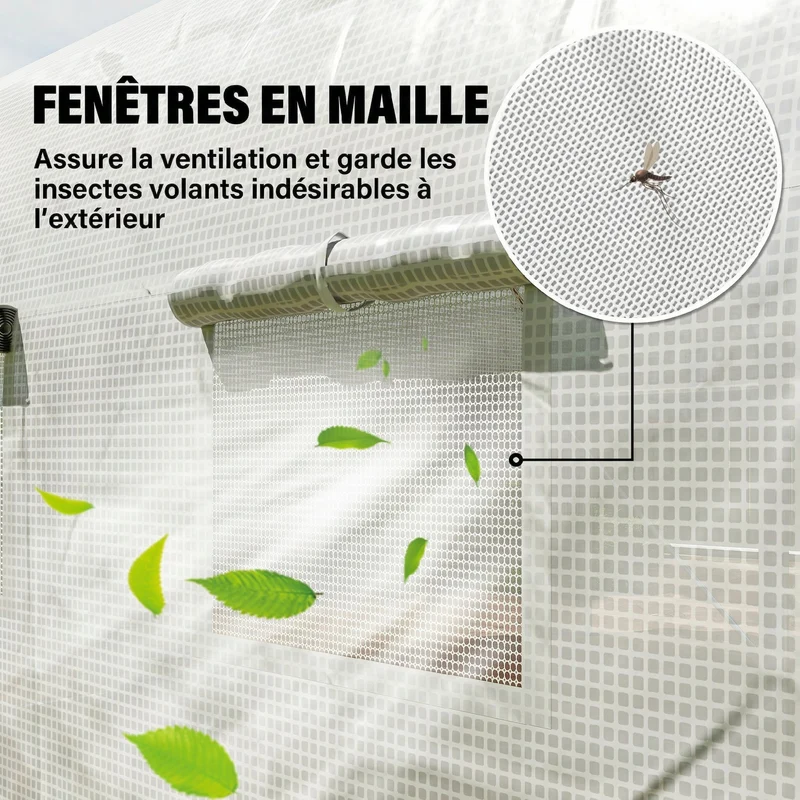 Serre tunnel de jardin 395 x 300 x 200 cm abri contre intempéries ventilation porte et 8 fenêtres épuré en pe blanc 21_0004333